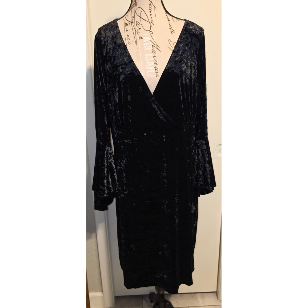 Black Crushed Velvet Wrap V-Neck Bell Sleeve Midi Dress Goth Witchy  Vanp XL XXL